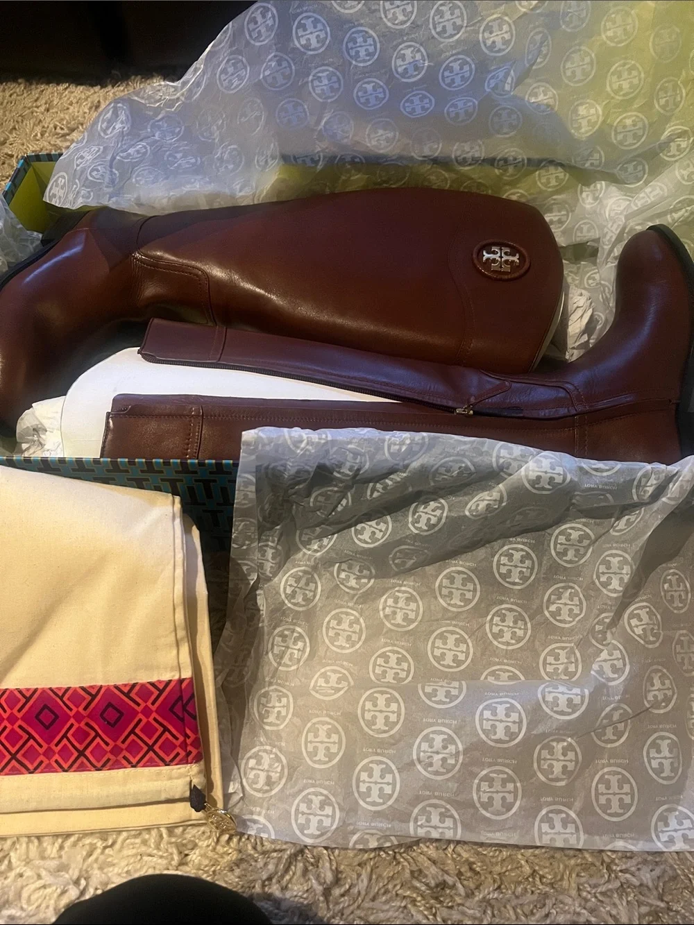 Tory Burch Chestnut Brown Leather Over-the-Knee Boots with Gold Logo